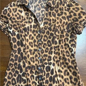 Express Brown Leopard Print Button-Down Shirt